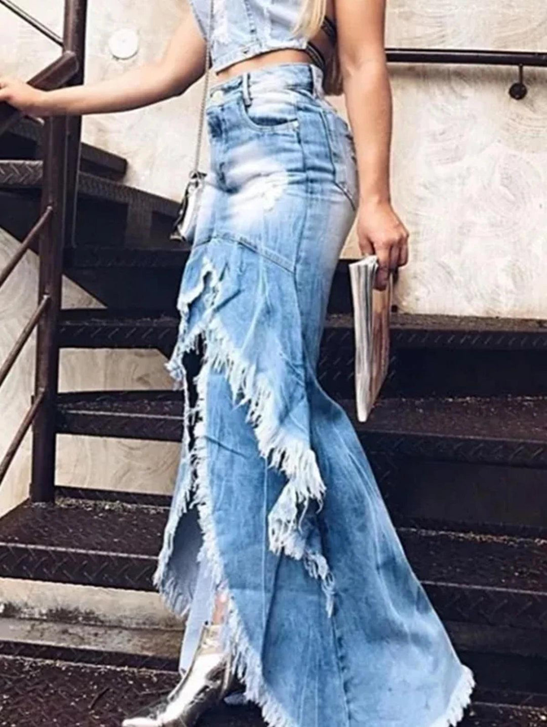 Long Denim Skirts For Women Maxi 2024 Front Slit Plain Raw Trim Slim Fit Jean Skirts Womens Long Streetwear Skirt Denim Maxi-THAT FASHION STORE