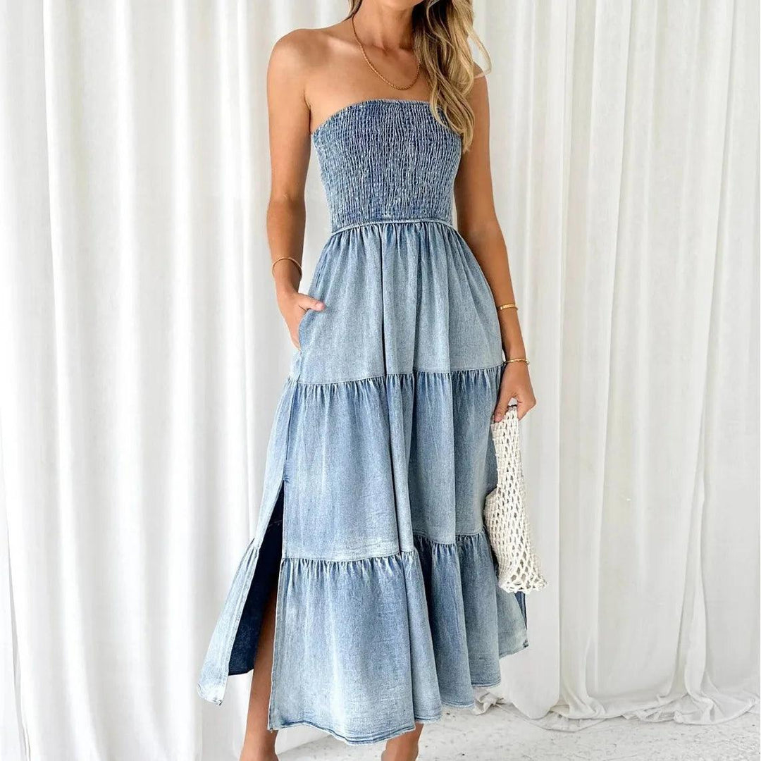 2024 New Elegant Holiday Strapless Long Dress for Summer Vestidos Hem Stitching Side Split Fashion Women Denim Long Dress-THAT FASHION STORE