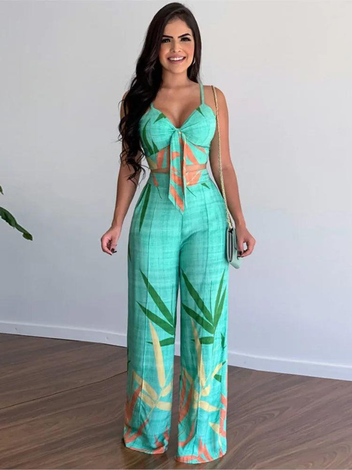 Sexy V Neck Sleeveless Tops Pants Set Office Lady Spring Summer Casual Print Blouse Trousers Two Piece Set Women Outfit 2023-THAT FASHION STORE