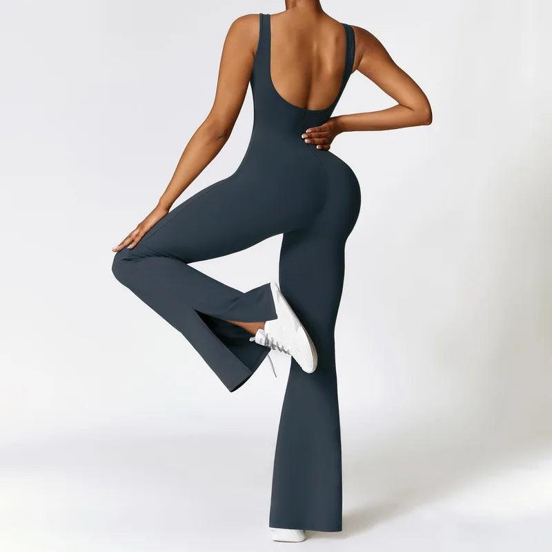 Casual Dancing Pants Streetwear Fashion Women Hollow Back Yoga Long Jumpsuit Round Neck Sleeveless Solid Color Training Outfit-THAT FASHION STORE