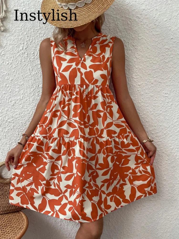 Women Boho Print Mini Dress Summer Elegant Sleeveless V Neck Ruffle A Line Tank Dress Casual Loose Oversize Beach Party Sundress-THAT FASHION STORE