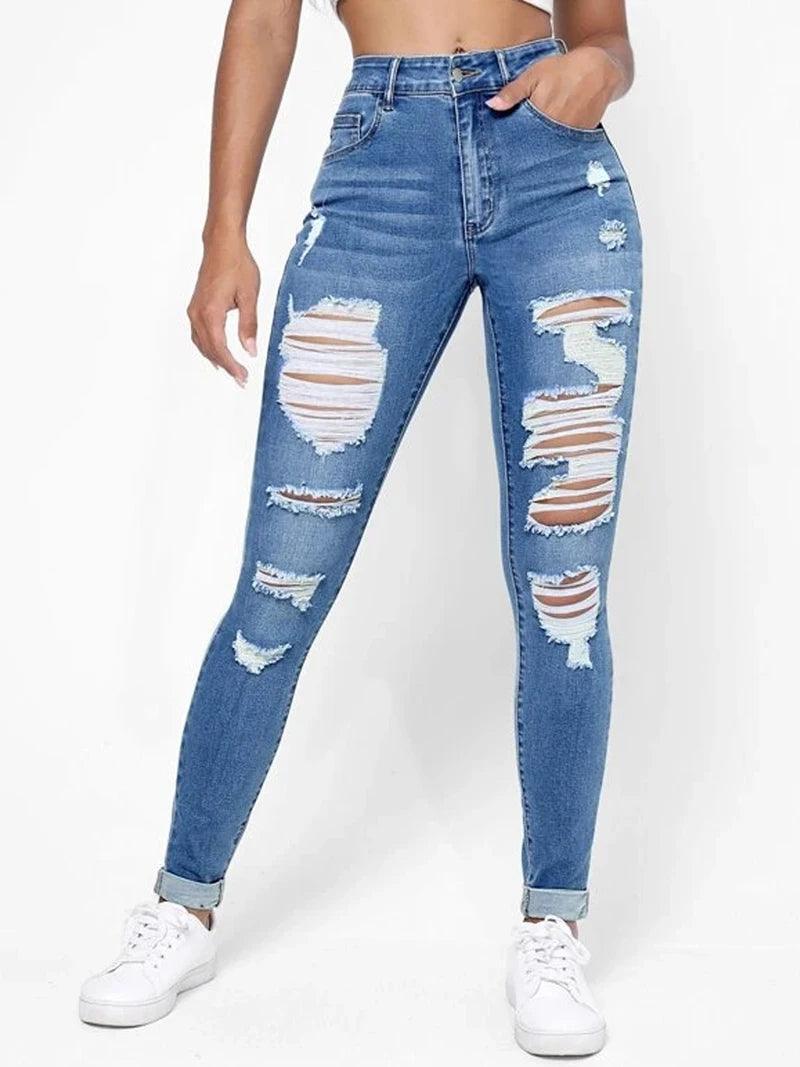 Ripped Holes Casual Skinny Jeans Autumn, Slash Pockets Distressed Single-Breasted Button Mid Waist Denim Pants-THAT FASHION STORE