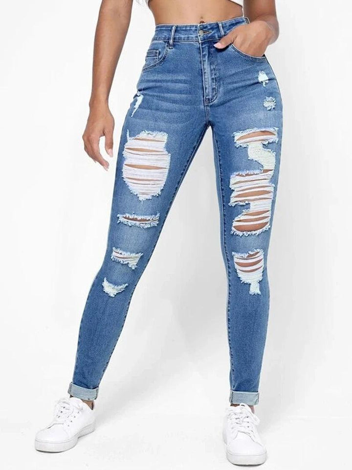 Ripped Holes Casual Skinny Jeans Autumn, Slash Pockets Distressed Single-Breasted Button Mid Waist Denim Pants-THAT FASHION STORE