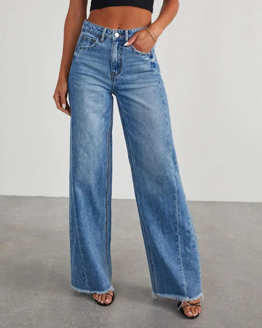 Wide Leg Pants Women Splice Casual Loose Jeans Pockets Button Mid Waist Regular Straight Denim Long Trousers Autumn 2023-THAT FASHION STORE