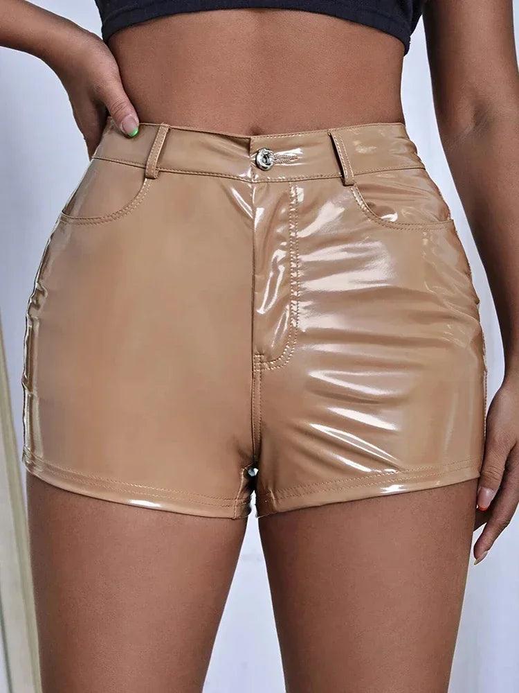 Shiny Patent Leather Shorts Women High Waist Faux Latex Hot Pants With Pocket Ladies Summer Bodycon PU Biker Shorts New Custom-THAT FASHION STORE