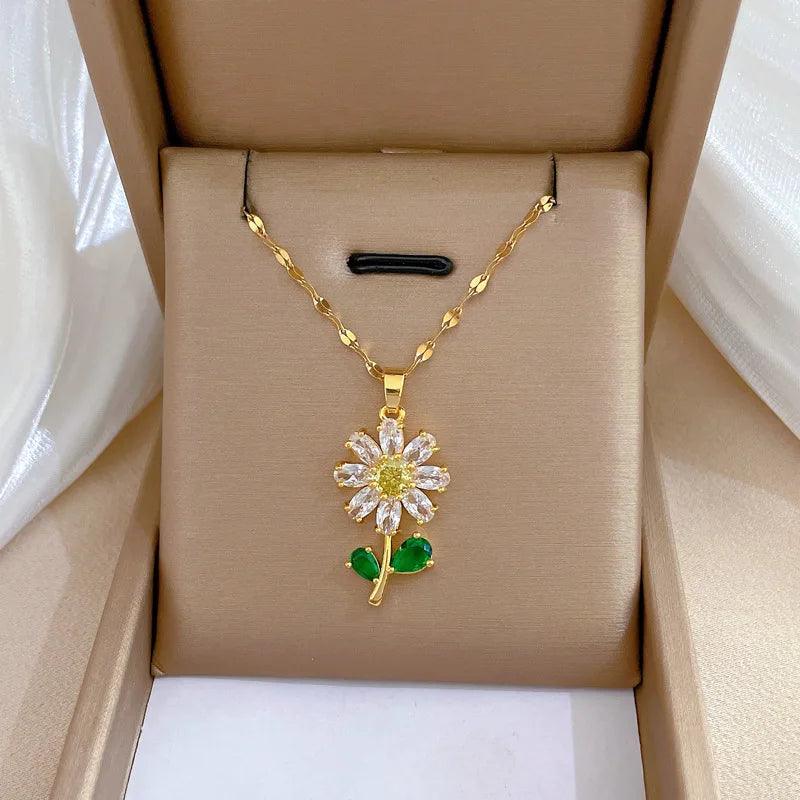 Classic Green Leaf Flower Necklace and Earrings Set Light Luxury Sunflower Personalized Banquet Stainless Steel Jewelry-THAT FASHION STORE