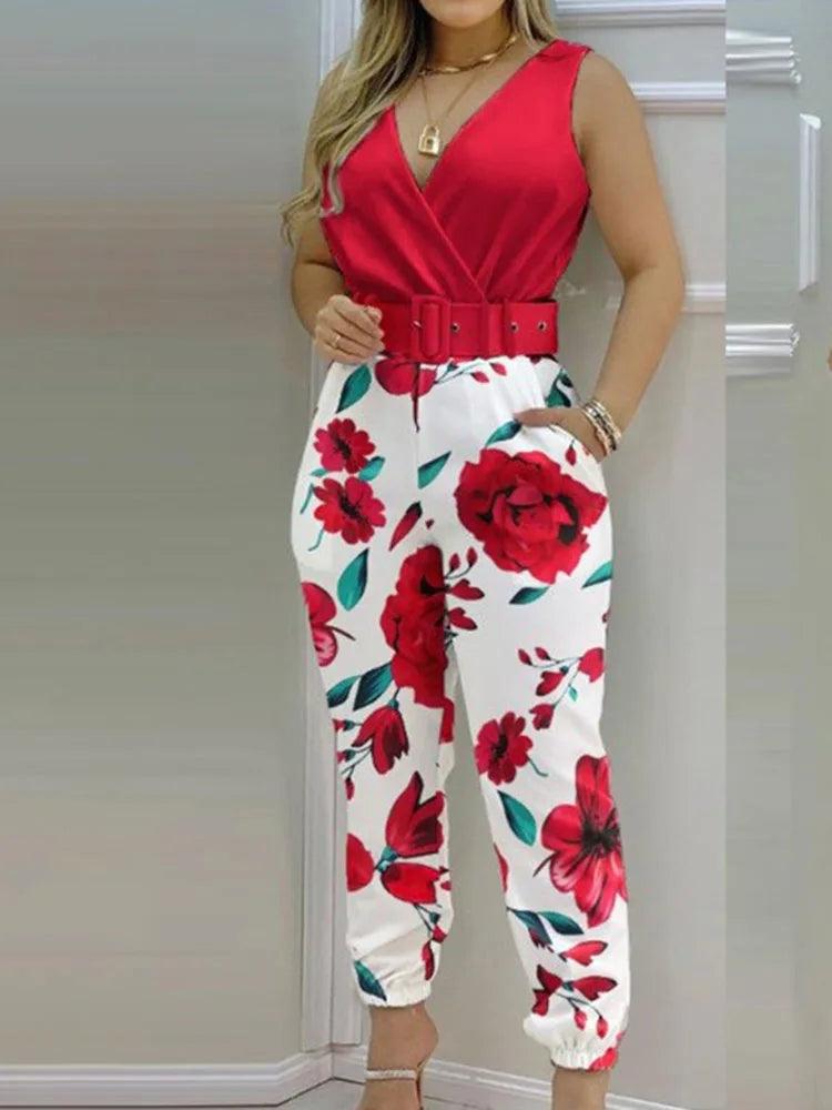 Women Fashion Floral Print Sleeveless Jumpsuits 2024 Summer V Neck Wide Leg Long Pants Rompers Boho Backless With Belts Jumpsuit-THAT FASHION STORE