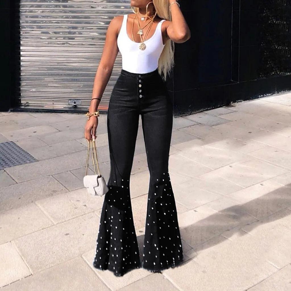 Denim Jeans For Women Plus Size High Waist Jeans Button Tassel Pants Trousers Bell-Bottom Pants Loose Straight Jeans Newjeans-THAT FASHION STORE