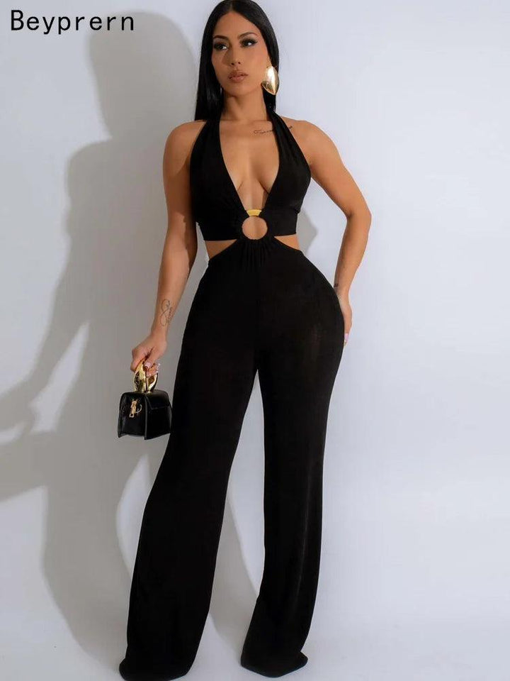 Beyprern Fashion Halter Neck O-Rings Wide Legs Jumpsuits One Piece Outfits Women's Hollow Out Night Out Rompers Overalls-THAT FASHION STORE