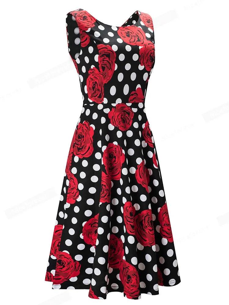 Nice-forever Summer Women Polka Dots with Floral Retro Sun Dresses Party Pinup Flare A-line Dress btyA063-THAT FASHION STORE