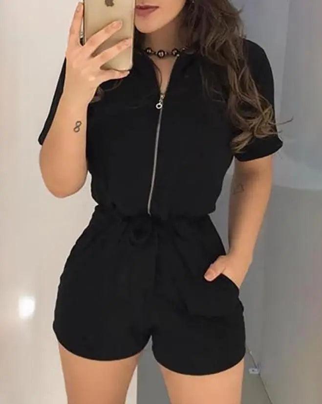 Jumpsuit Women 2023 Summer Fashion Short Sleeve Casual Turn-Down Collar Plain Zipper Pocket Design Daily Romper Y2K Streetwear-THAT FASHION STORE