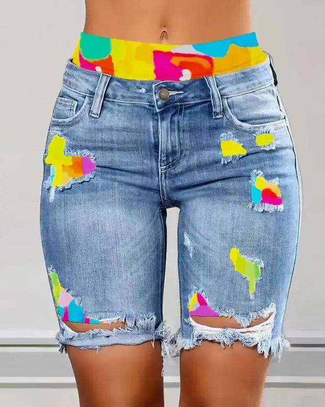 2023 Elegant Summer New Fashion Women's Colorblock Letter Print Ripped 2-In-1 Denim Skinny Shorts Female Casual Bottom-THAT FASHION STORE