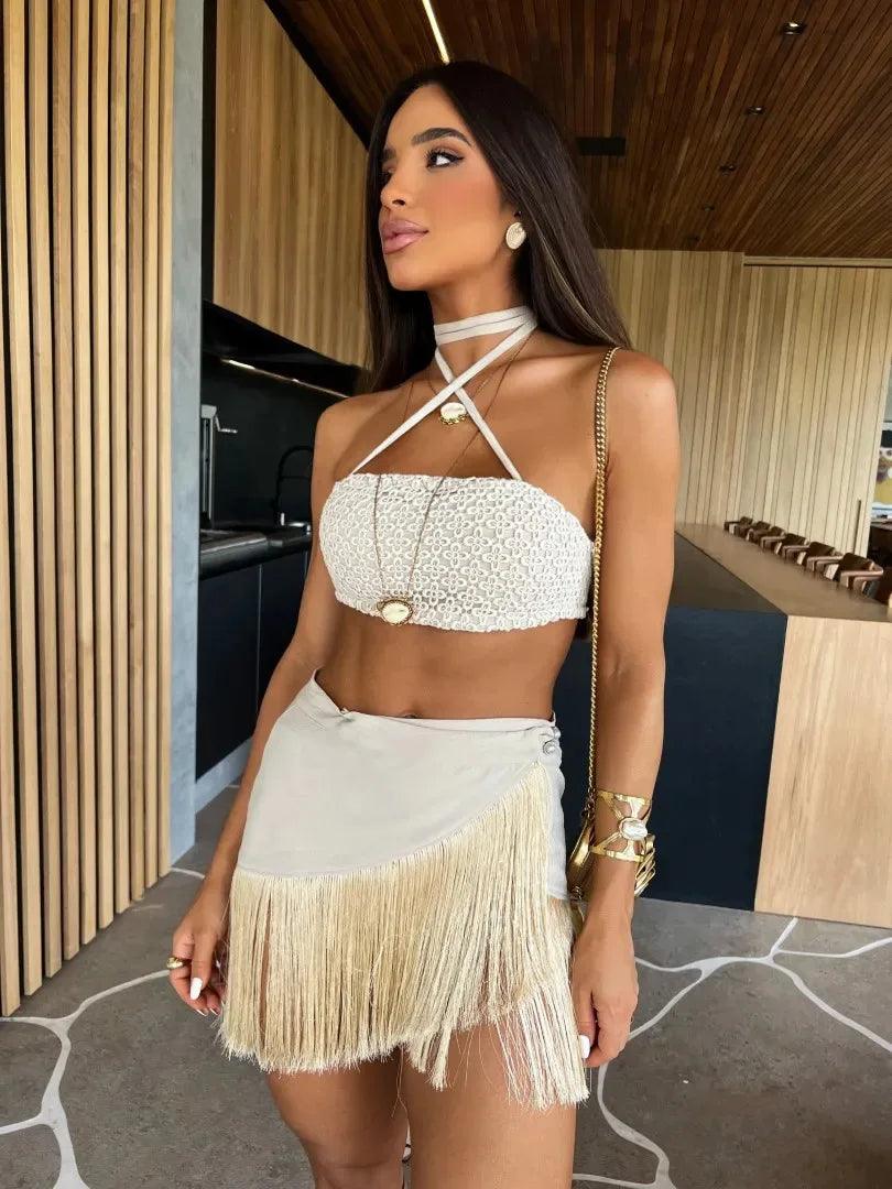 2024 Sexy Tassel Women Two Piece Skirt Halter Lace Bra Tassel Mini Skirt Suit Beach Vacation Casual Female Bathing Suit Summer-THAT FASHION STORE