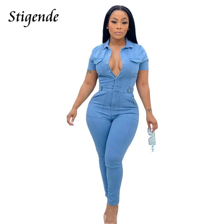 Women Slim Fit Button Up Denim Jumpsuit Turn Down Collar Skinny Overalls with Pockets Ladies Light Blue Pencil Leg Jeans Pants-THAT FASHION STORE