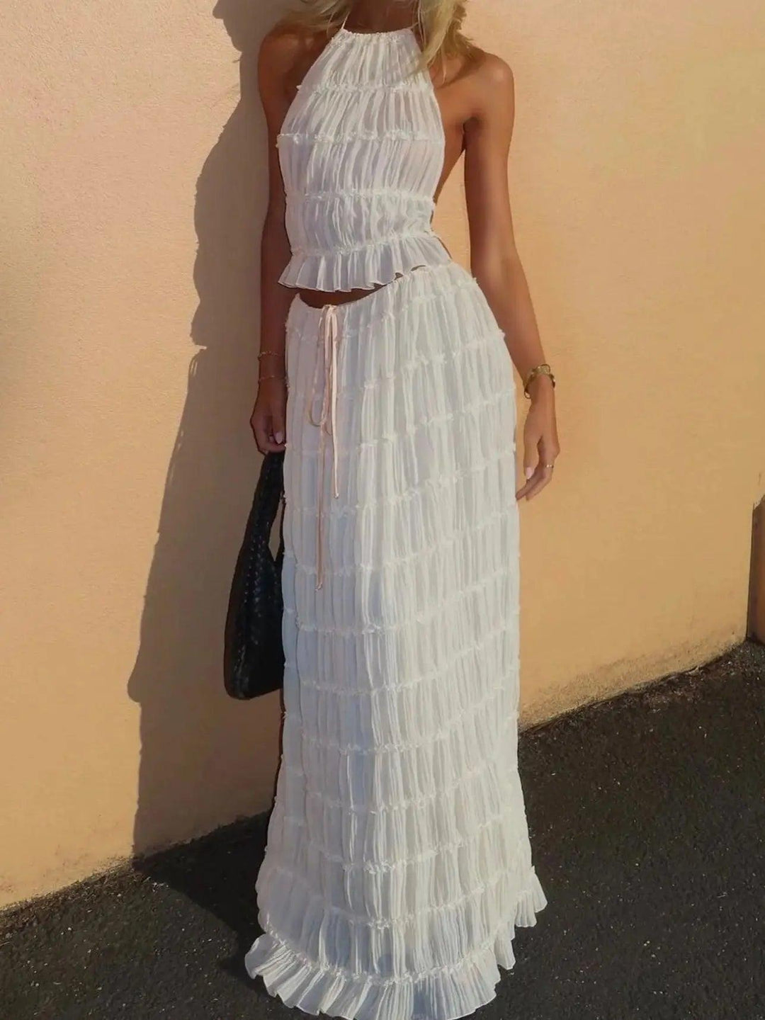 Fashion Halter Neck Long Skirt Suit Women Backless Sling Top Lace Up Fold Maxi Skirts 2024 New Summer Female 2 Piece Set Outfits-THAT FASHION STORE