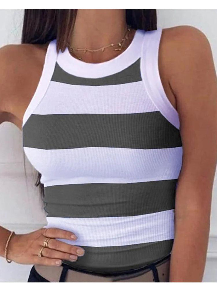 Summer Basic Elastic Tank Top Digital Printing T-shirt Women's O Neck Racerback Sexy Tank Top Stripe Print Sleeveless Tank Top-THAT FASHION STORE