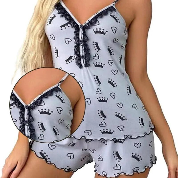 Sexy Summer Two Pieces Women Pajamas Set Deep V-Neck Tops And Shorts Pajama Suit Ladies Sleeveless Nightwear For Female-THAT FASHION STORE