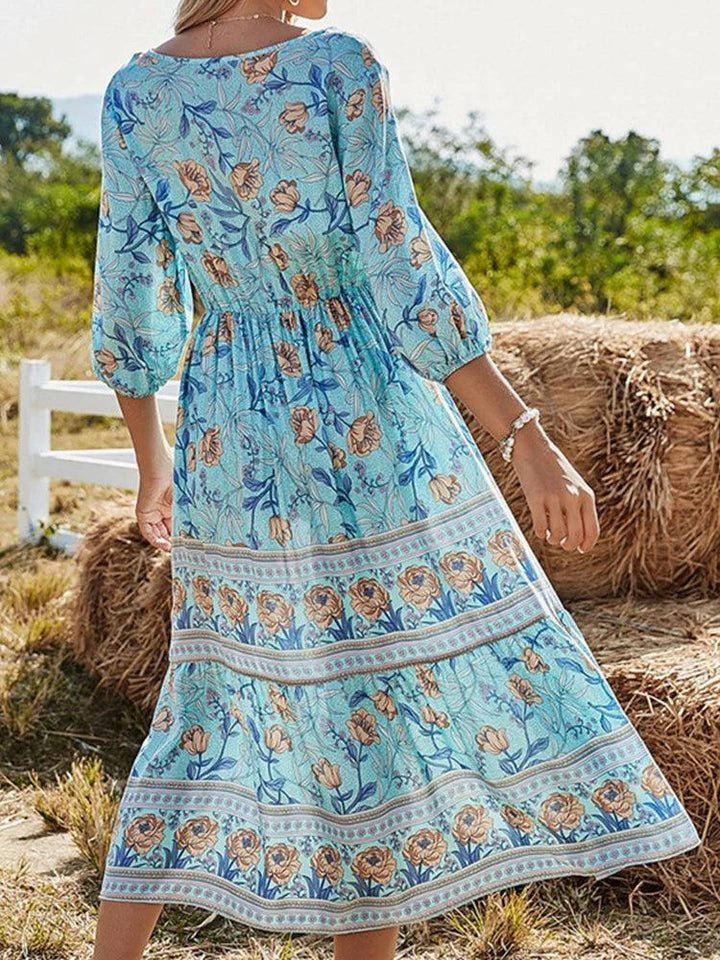 Summer Boho Long Dresses Women Fashion Print V Neck Half Sleeve Cotton Dress Elegant Casual High Waist Beach Dresses Vestidos-THAT FASHION STORE