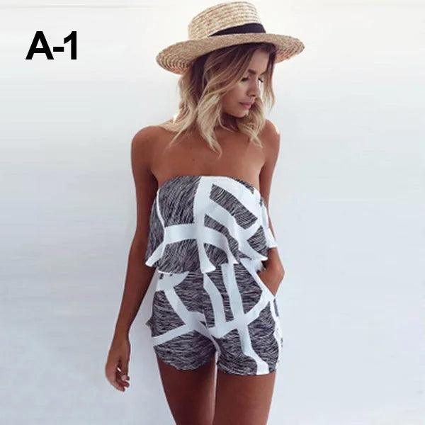 Spring & Summer Strapless V-neck One Line Collar Ruffle Edge Striped Printed Loose Jumpsuit Strap Women Romper Feminin Elegantes-THAT FASHION STORE