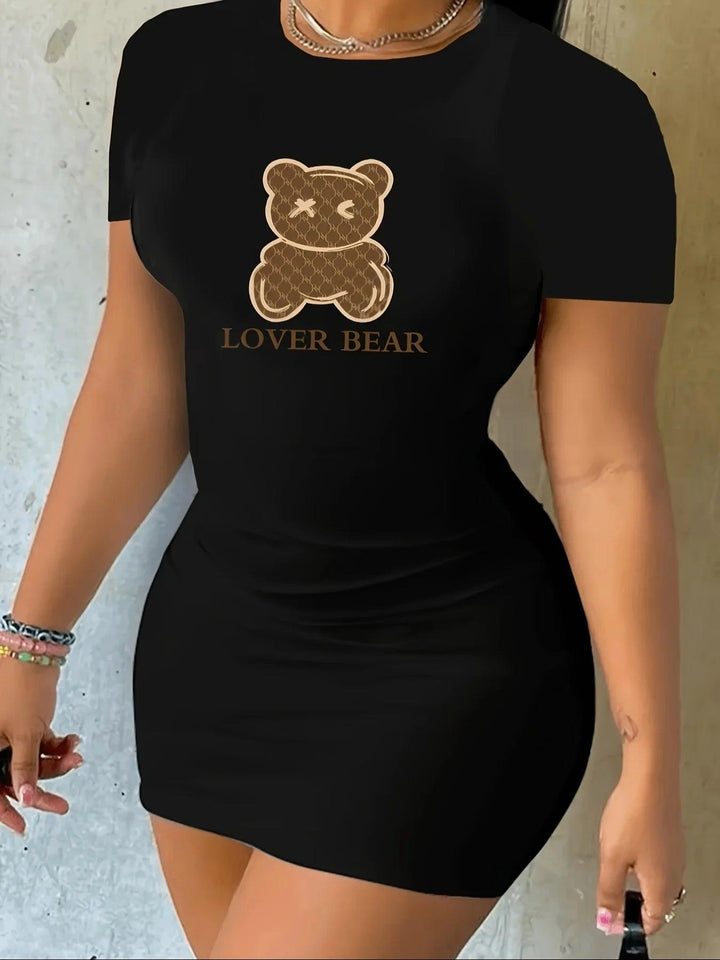 Women's plus size summer LOVER BEAR print short sleeved round neck loose casual T-shirt dress-THAT FASHION STORE