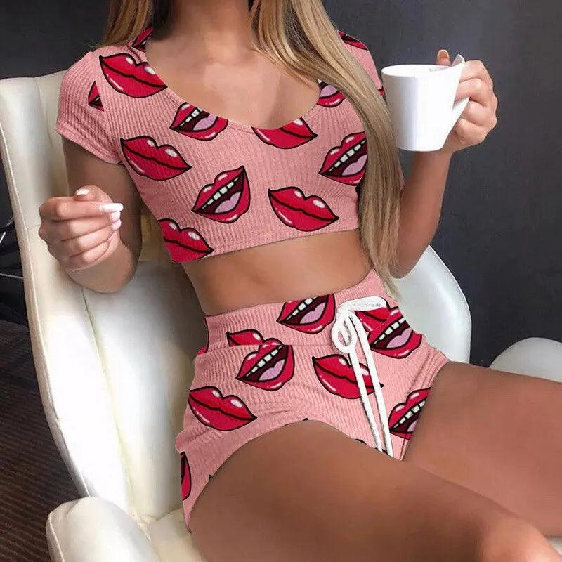 Summer Short Sexy Casual Lips Print Female Sleepwear Suit Pajamas 2pcs Top+Pants Skinng Women Homewear Underwear-THAT FASHION STORE