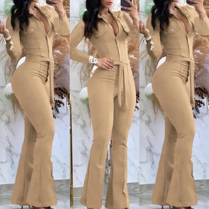 Jumpsuit Women 2023 Autumn Fashion Button Casual Turn-Down Collar Long Sleeve Skinny Bootcut Jumpsuit with Belt Y2K Streetwear-THAT FASHION STORE