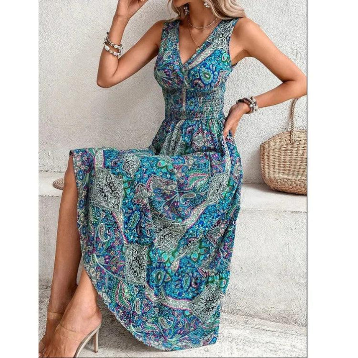 Fashion Bohemian Style Printed Sleeveless Dresses Women Sexy V-neck High Waist A-line Long Dress Casual Elegant Vestido Feminino-THAT FASHION STORE