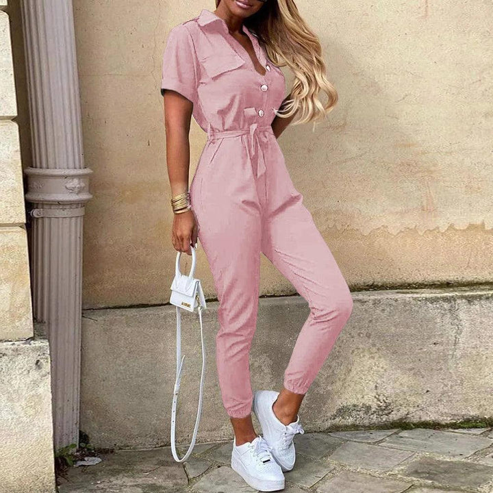 Women's Monochromatic Belt Workwear Jumpsuit, Casual Pants, Flip Collar, Buckle, European and American, Summer, 2023-THAT FASHION STORE