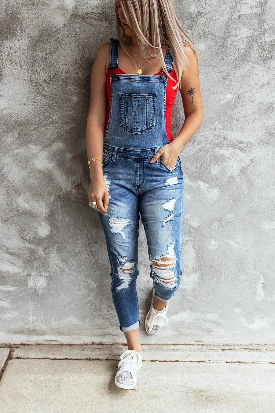 Denim Overalls Women 2023 Ripped Jeans Lady Jumpsuit Elastic Denim One Piece Pants Suspender Trousers Female Rompers Streetwear-THAT FASHION STORE