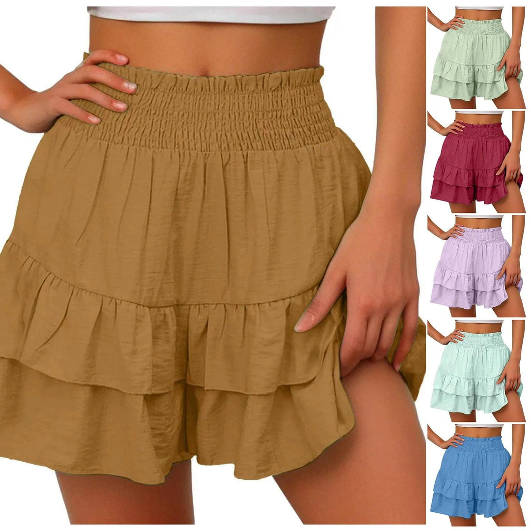 Summer Retro Shorts For Women Ruffles High Waist Solid Color Shorts Skirts Female Vertical Casual Culottes Double Layer Skorts-THAT FASHION STORE