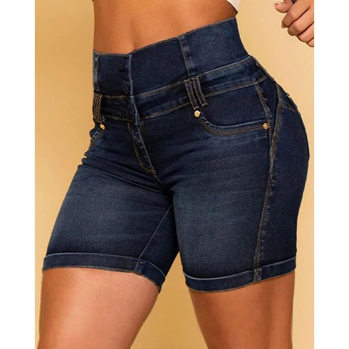 Classic Stretchy Washed Shorts Jeans 2023 Women Solid High Wasit Multi BreastedCasual Zipper Decoration Pocket Denim Shorts-THAT FASHION STORE