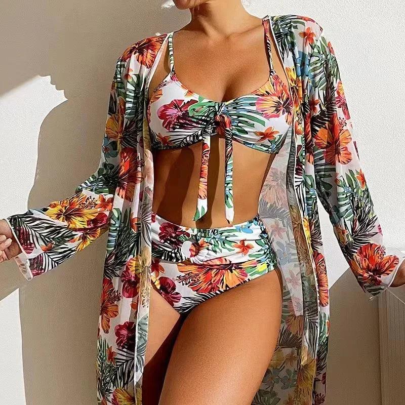 2024 Luxury Sexy High Waisted Bikini Three Pieces Floral Printed Swimsuit Women Bikini Set With Mesh Long-Sleeved Blouse Female-THAT FASHION STORE