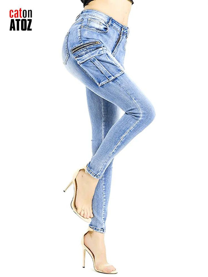 catonATOZ 2237 Women Spring 2023 Fashion Cargo Pants Summer Female Zipper Pocket Stretch Slim Jeans Skinny Denim Tousers-THAT FASHION STORE