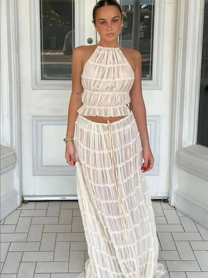 Fashion Halter Neck Long Skirt Suit Women Backless Sling Top Lace Up Fold Maxi Skirts 2024 New Summer Female 2 Piece Set Outfits-THAT FASHION STORE