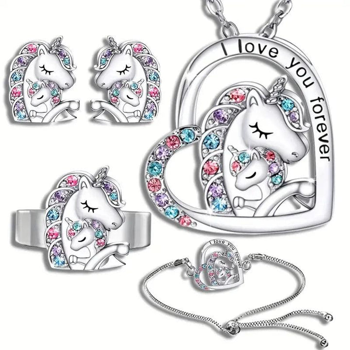 Gorgeous Unicorn Jewelry Set Cute Cartoon Style Unicorn Necklace Earrings Ring Bracelet Perfect Women’s Jewelry Christmas Gifts-THAT FASHION STORE