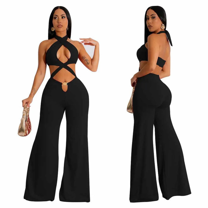 Jumpsuit Women 2024 Summer Fashion Solid Color Halter Cutout Waist Casual High Waist Sleeveless Daily Wide Leg Long Jumpsuit - THAT FASHION STORE