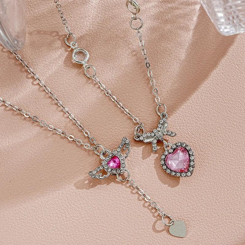 Crystal Angel Wings Heart Pendant Necklaces Set Ladies Girl Simple Y2K Pink White Zircon Love Elegant Necklace Women Jewelry Set-THAT FASHION STORE