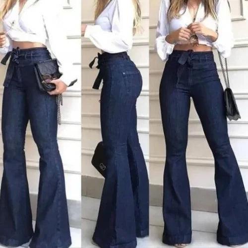 Women Jeans Solid Color High Waist Flare Pants Zipper Fly Flat Pockets Streetwear Slim Patchwork Button Slight Strech Belt-THAT FASHION STORE