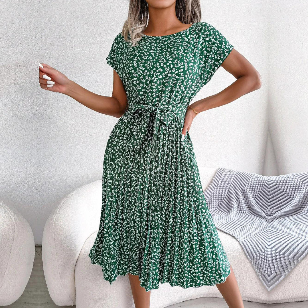 Women Spring Summer Short Sleeve High Waist Chic Dress Fashion Floral Pleated A Line Long Dress-THAT FASHION STORE