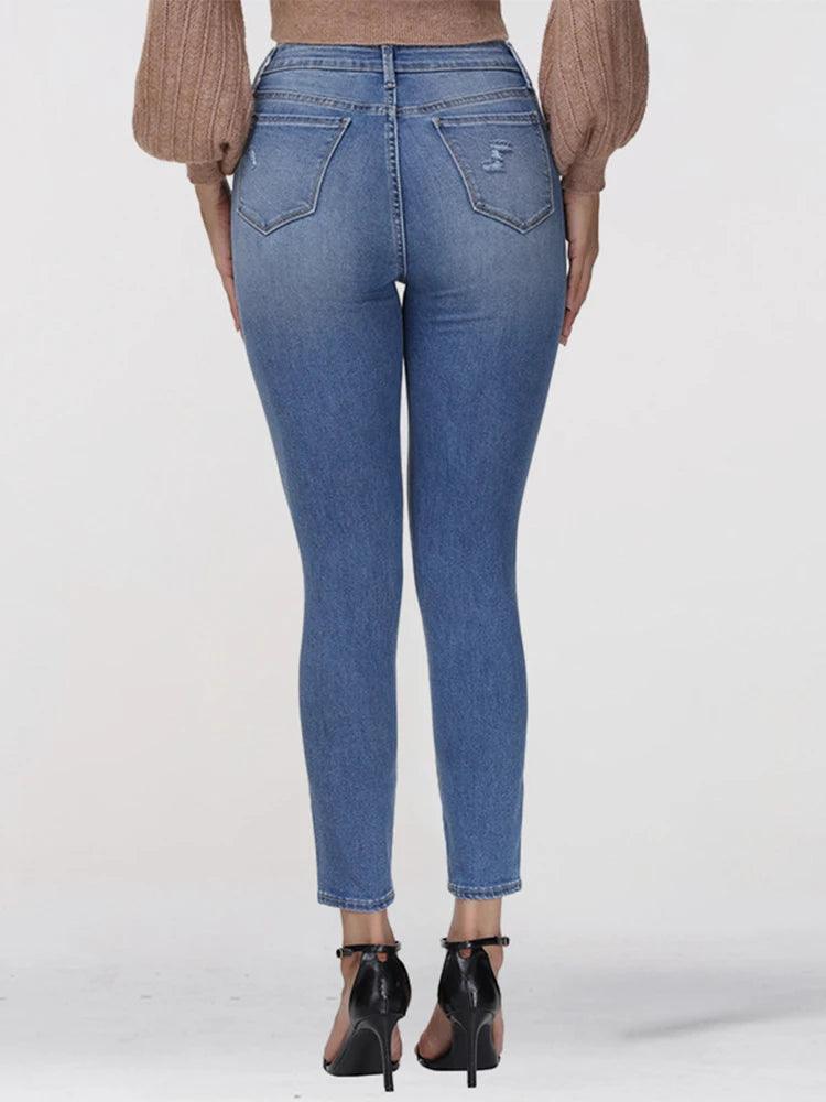 Denimcolab 2024 New Women’s Skinny Jeans With Fashion Ripped High Waist Pencil Pants Ladies Streetwear Casual Solid Hole Jeans-THAT FASHION STORE