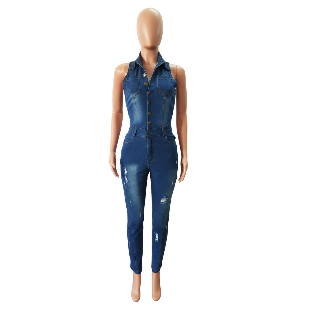 Jeans Stretch Overalls Buttons Female Turn Down Skinny Blue Denim Casual Jumpsuit Rompers-THAT FASHION STORE