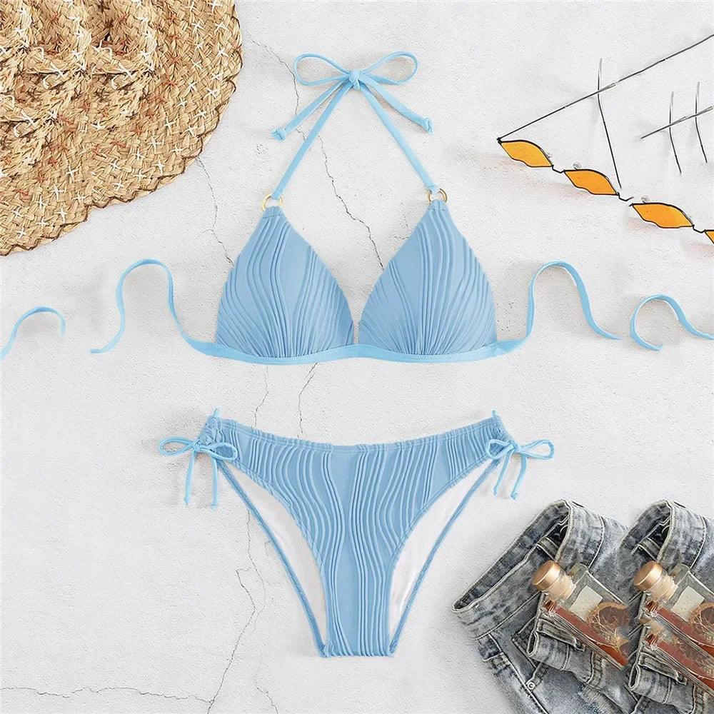 Sexy Push Up Swimwear String Halter Bikinis Set Wrinkled Swimsuit Women 2024 Lace-up Bathing Suit Brazilian Bikini Bather Swim-THAT FASHION STORE