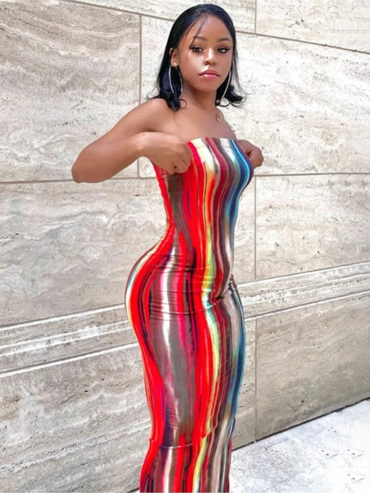 Spring And Summer Dresses For Women Chest Wrap Printed Off Shoulder Bandage Slim Sexy Long Dress 2023 New Fashion party MsChuh-THAT FASHION STORE