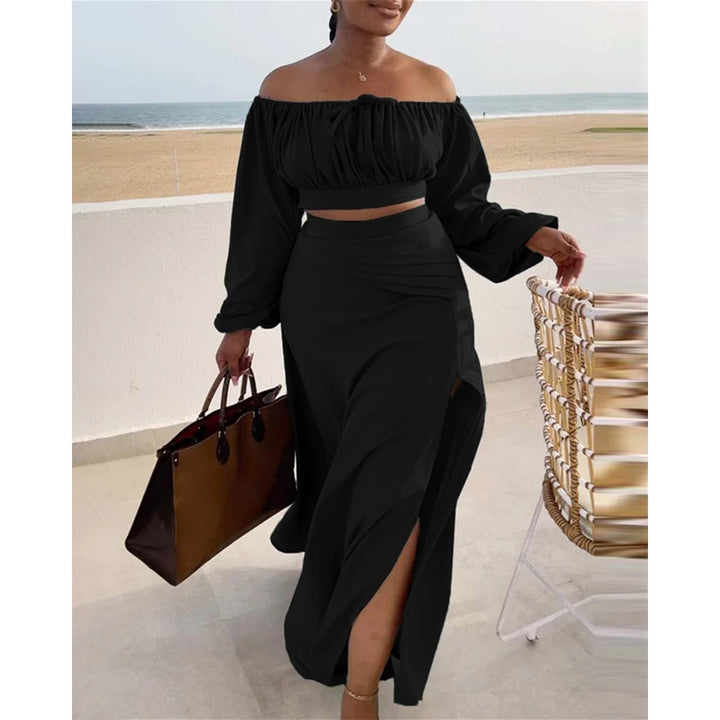 Women's Casual Two-Piece Off Shoulder Top and Half Skirt Set - 2023 Solid Color Leisurewear - THAT FASHION STORE