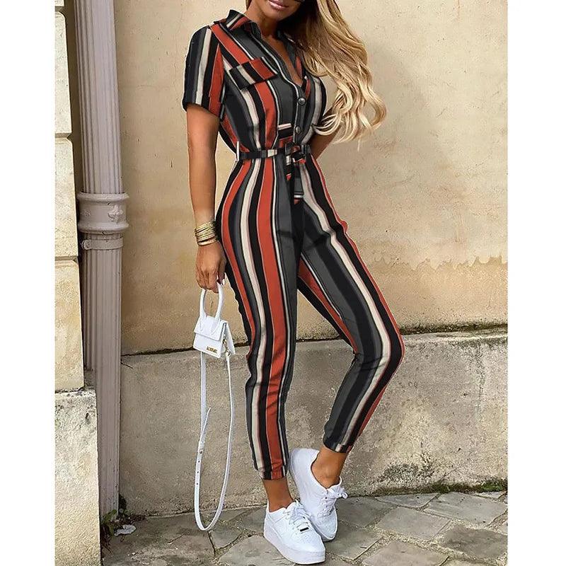 Women's Monochromatic Belt Workwear Jumpsuit, Casual Pants, Flip Collar, Buckle, European and American, Summer, 2023-THAT FASHION STORE