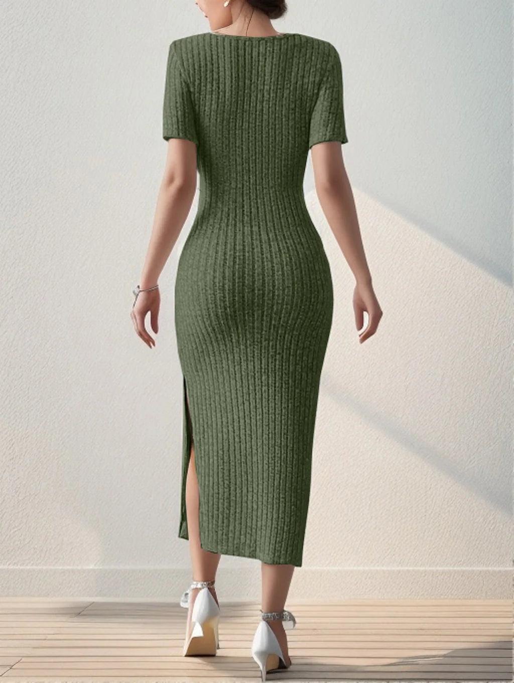 Summer Dresses for Women square neck hip-covering mid-length skirt short-sleeved versatile knitted slit dress-THAT FASHION STORE