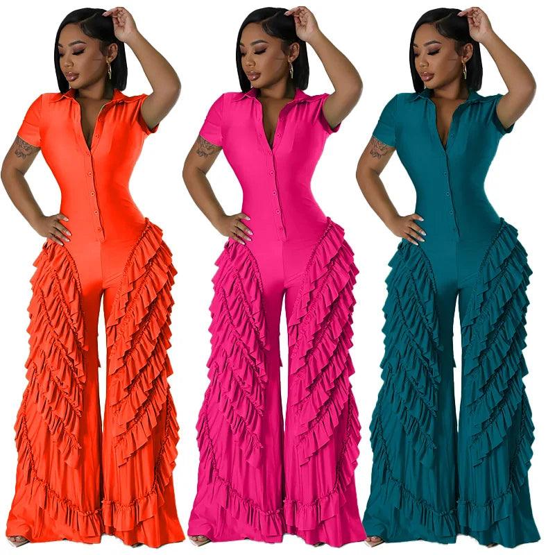 CM.YAYA Fashion Women Mult Ruffles Short Sleeve Zipper Fly Wide Leg Shirt Jumpsuit 2024 Streetwear Romper One Piece Set Playsuit-THAT FASHION STORE