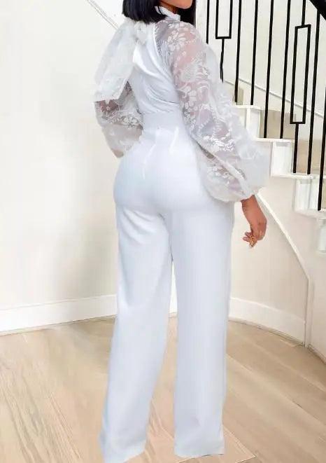 Jumpsuit Women 2023 Summer Fashion Lantern Sleeves Elegant Mock Neck Long Sleeve Tie Detail Daily Wide Leg Long Jumpsuit-THAT FASHION STORE