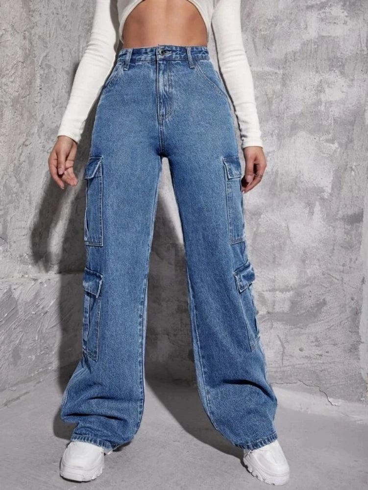 2023 Best Selling Y2K Style Women's Jeans Fashion Multi Pocket Loose Denim Straight Leg Pants Casual Female Cargo Jeans XS-L-THAT FASHION STORE