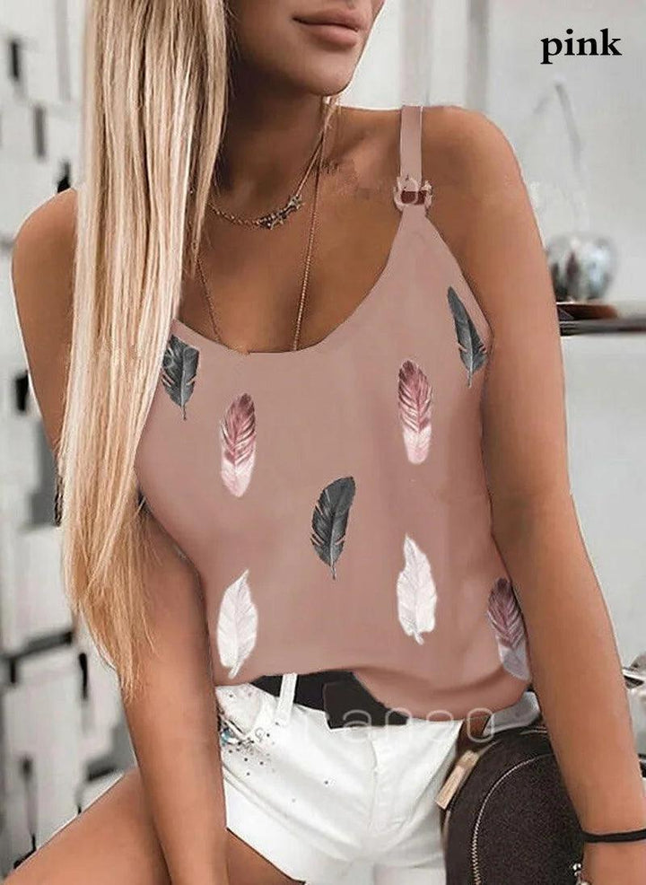 2022 Summer Women Wear New Pattern Fashion T-Shirt Summer Casual Feather Print Sleeveless Tank Tops Camisole Coat-THAT FASHION STORE